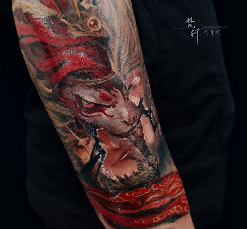 悟空面具纹身图片_手臂老传统水彩悟空面具纹身图案