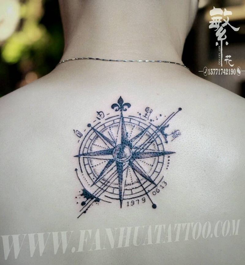 指南针纹身图片_背部欧美字符成品纹身图案