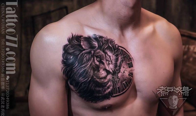 胸口狮子纹身纹身图片_成品纹身图案