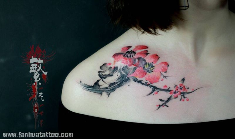 遮盖·梅花纹身图片_肩部胸部清新国画植物泼墨中国风成品纹身图案