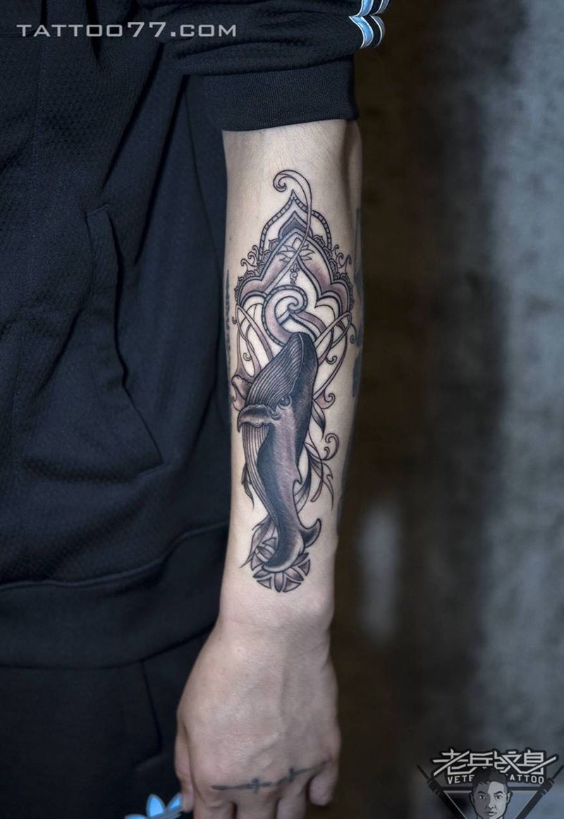 手部鲸鱼纹身作品纹身图片_成品手臂手部清新动物纹身图案