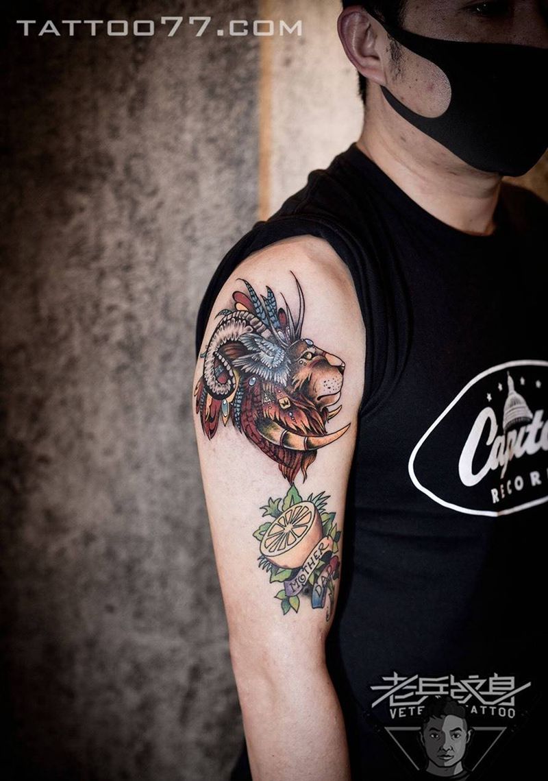 手臂狮子纹身图片_成品手臂欧美动物纹身图案