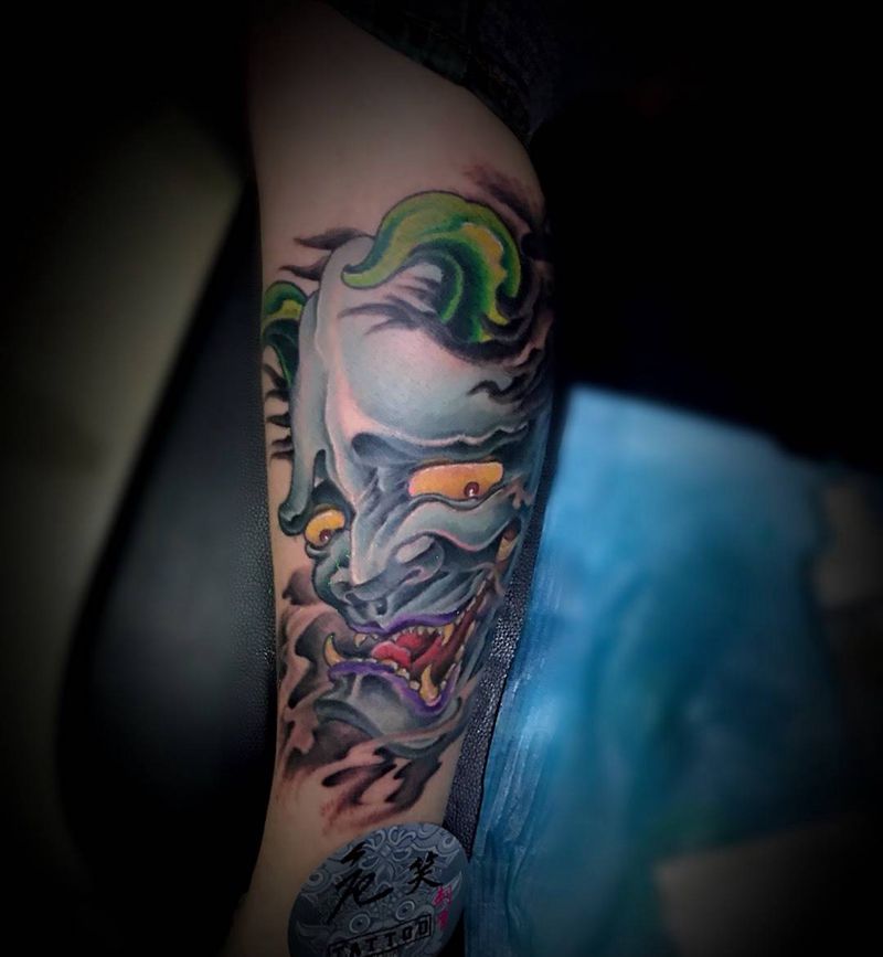 小腿般若纹身图片_腿部传统成品原创鬼神般若纹身图案