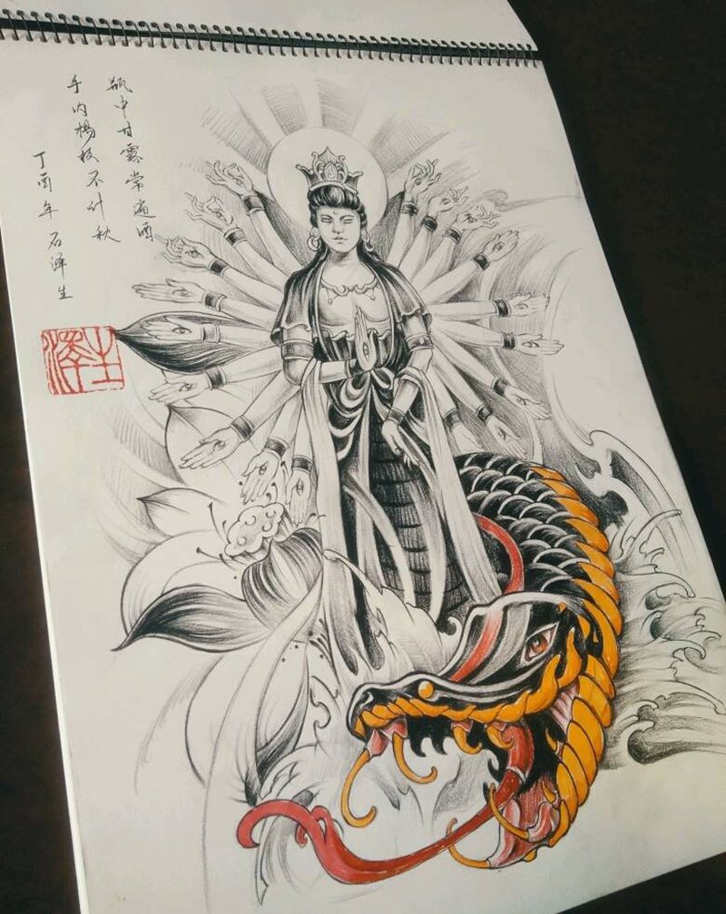 千手观音纹身图片_手臂传统动物人物原创手稿纹身图案