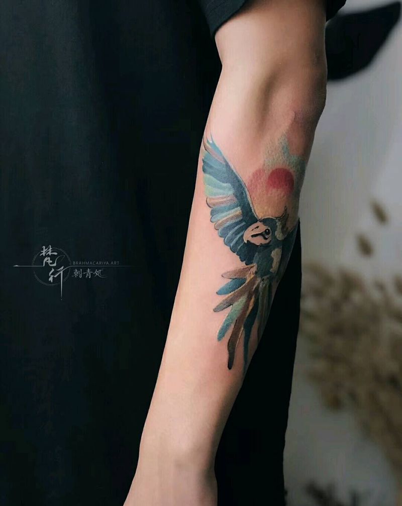鹦鹉纹身图片_手臂新传统水彩鹦鹉纹身图案