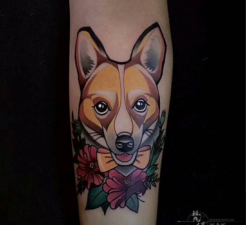 狗纹身图片_腿部新传统水彩狗纹身图案