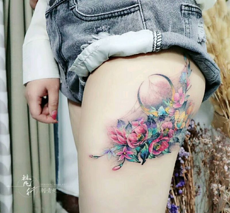 遮盖纹身图片_腿部新传统花纹身图案