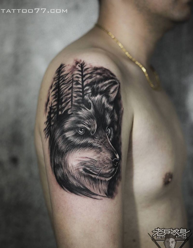 大臂狼头纹身纹身图片_成品手臂欧美动物纹身图案