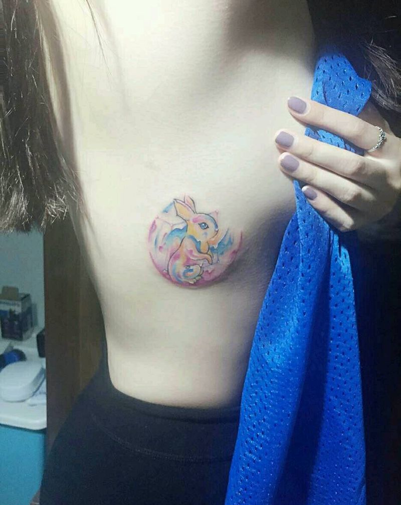 原创水彩小兔子～纹身图片_胸部腰部清新动物水彩成品纹身图案