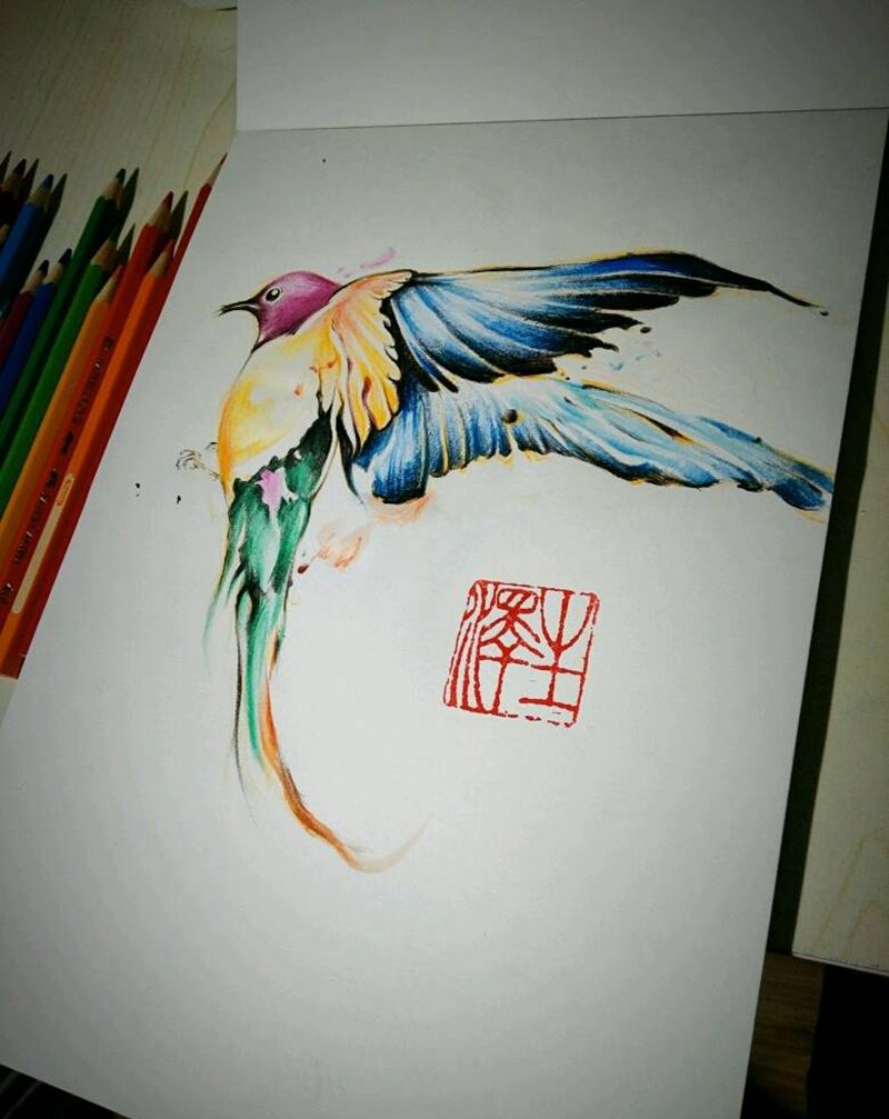 水彩鸟纹身图片_肩部背部脚部清新国画动物原创水彩手稿纹身图案