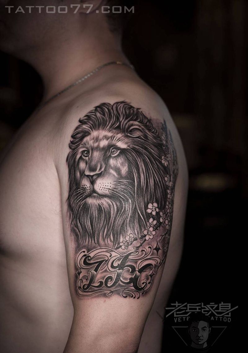 兵哥打造的大臂狮子纹身作品纹身图片_成品手臂欧美动物纹身图案