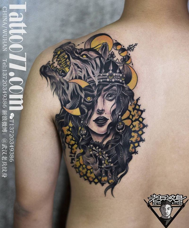 后背女郎纹身纹身图片_成品背部欧美人物纹身图案