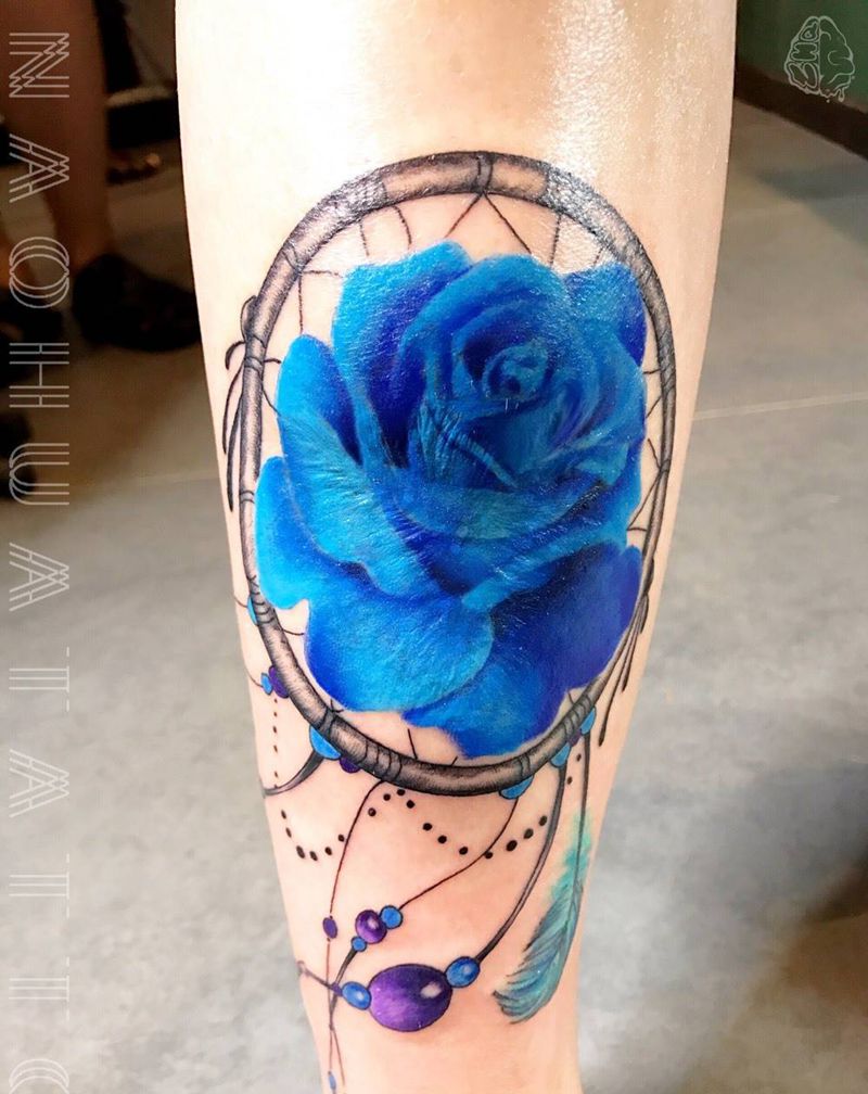 遮盖/玫瑰捕梦网纹身图片_腿部欧美纹身图案