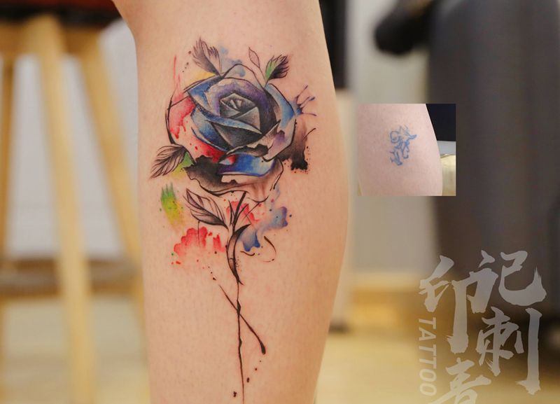 水彩玫瑰遮盖纹身图片_腿部水彩玫瑰纹身图案