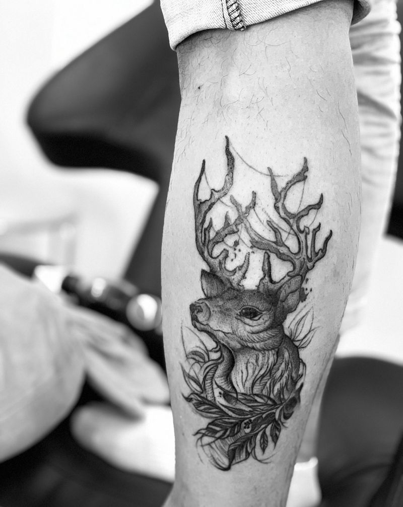 今日作品更新#梅发鹿#纹身图片_腿部鹿纹身图案