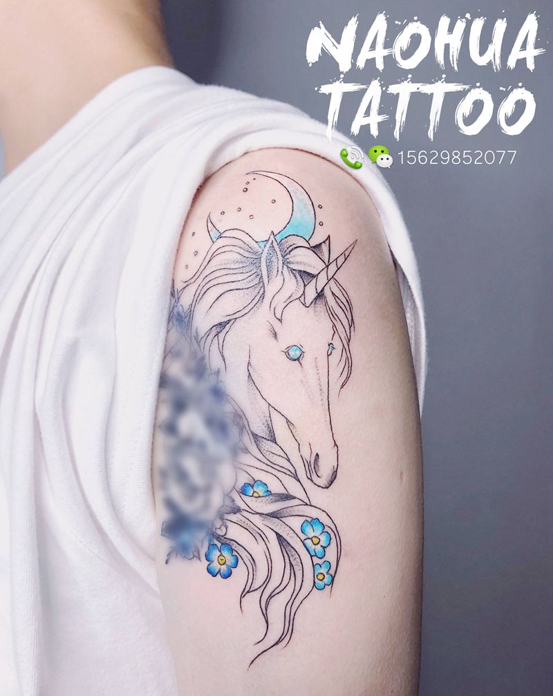 独角兽未完成纹身图片_手臂New School纹身图案