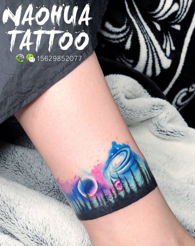 遮盖脚环星空森林/设计纹身图片_脚部水彩纹身图案