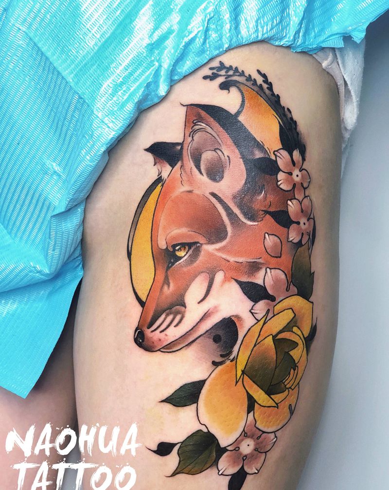 狐狸纹身图片_腿部New School纹身图案
