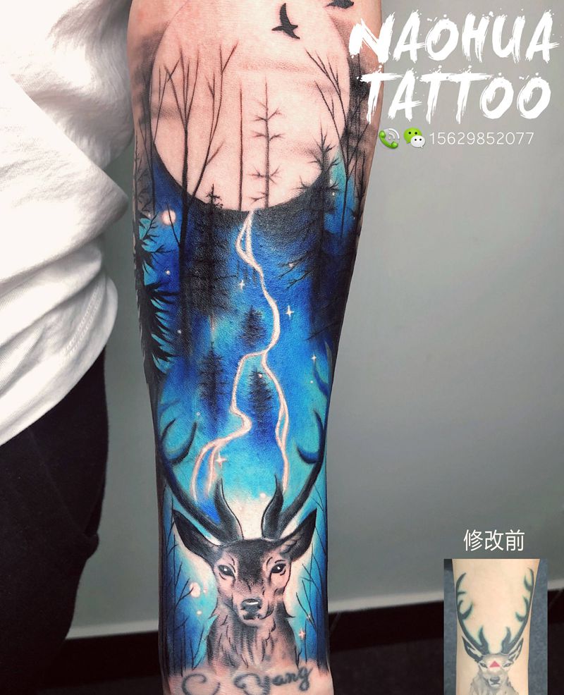 修改森林纹身图片_手臂水彩纹身图案