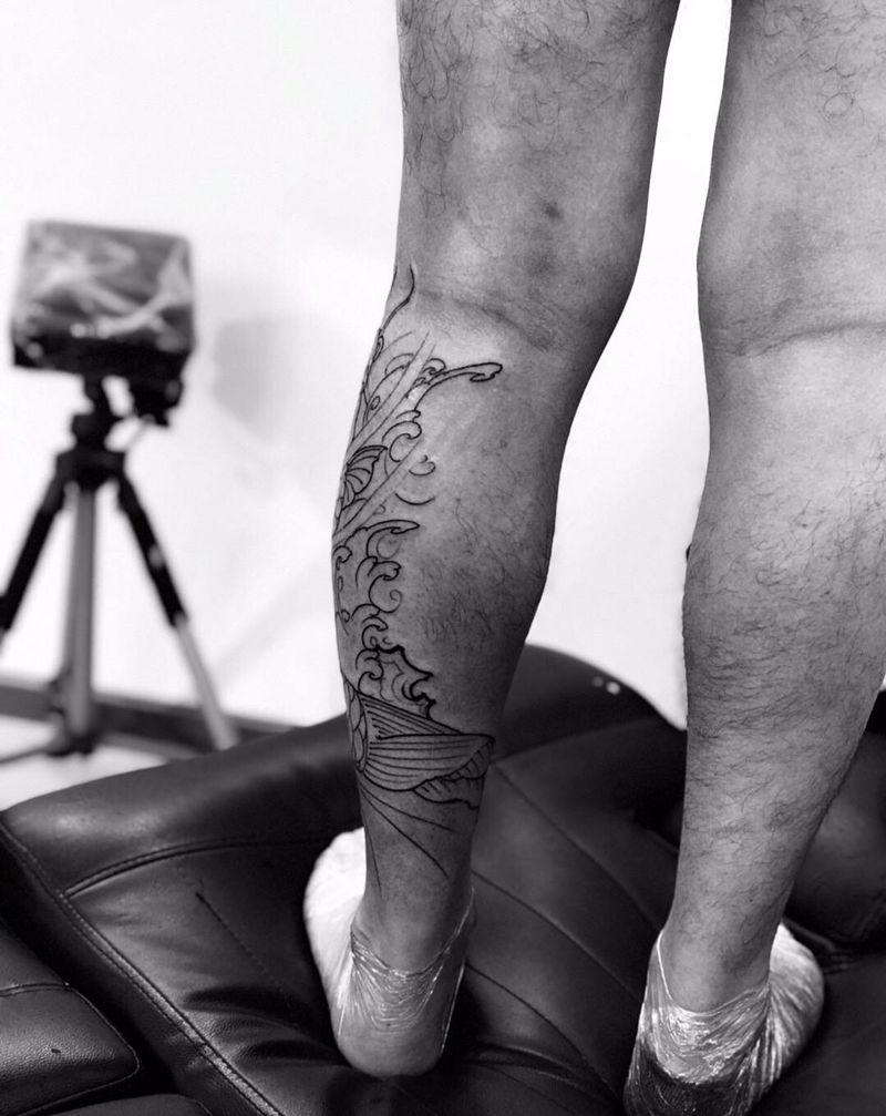 今日作品更新#锦鲤线条完成#各纹身图片_新传统锦鲤纹身图案