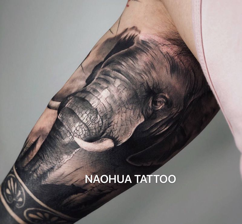 大象纹身图片_手臂欧美写实纹身图案