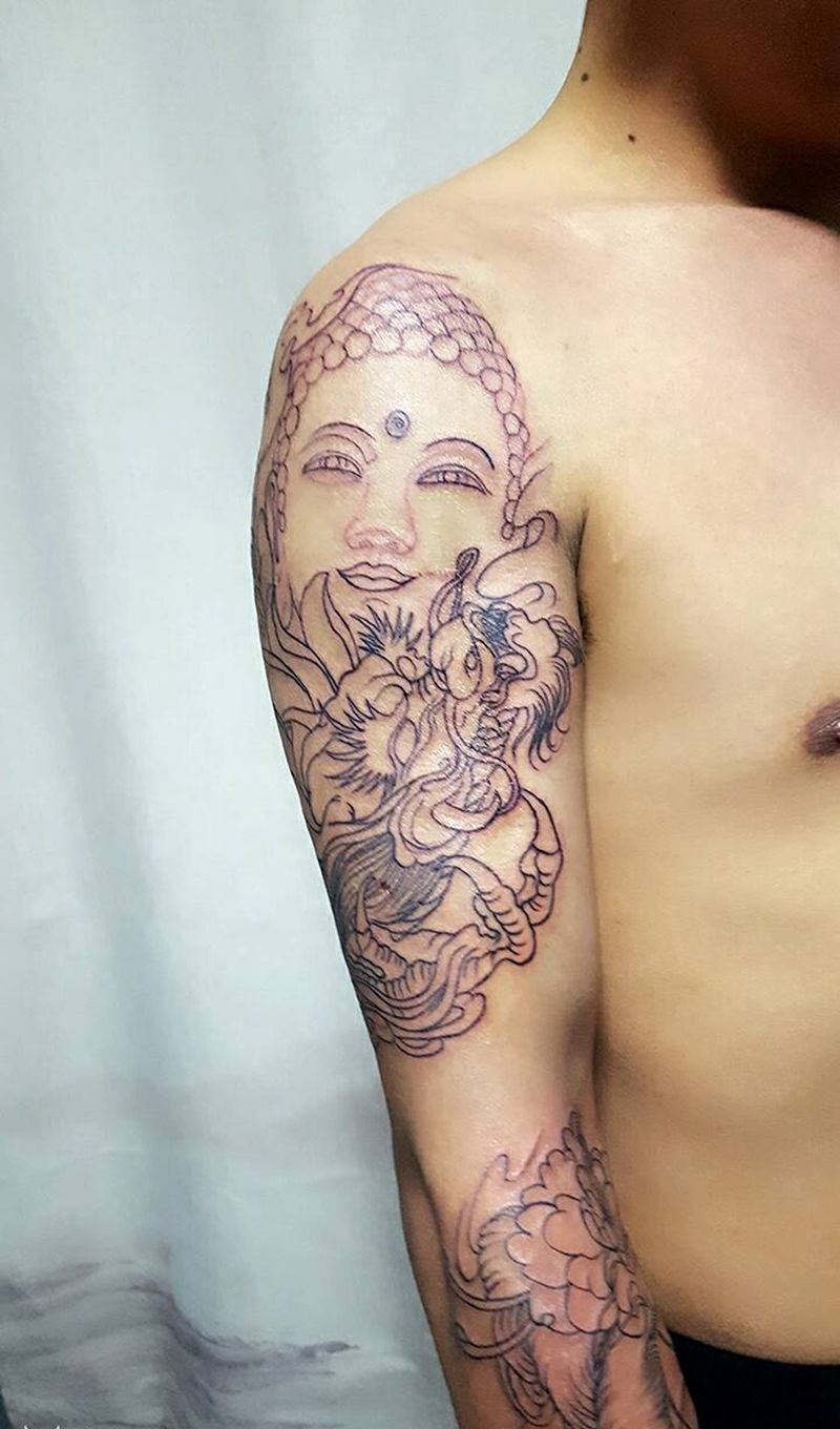 拼接花臂 线条纹身图片