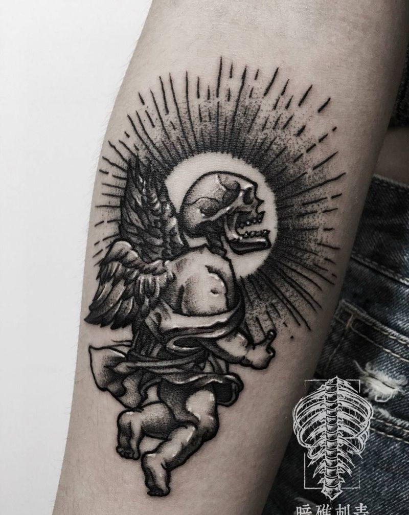 小天使纹身图片_成品欧美手臂原创宗教纹身图案