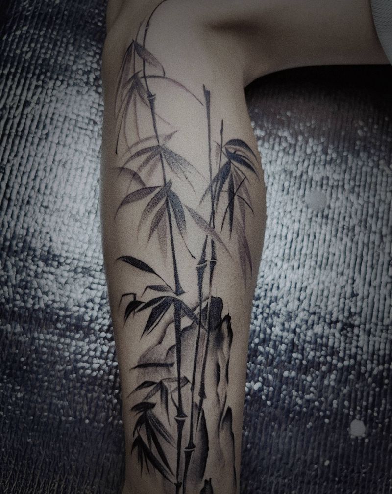 竹子纹身图片_腿部水墨点刺纹身图案