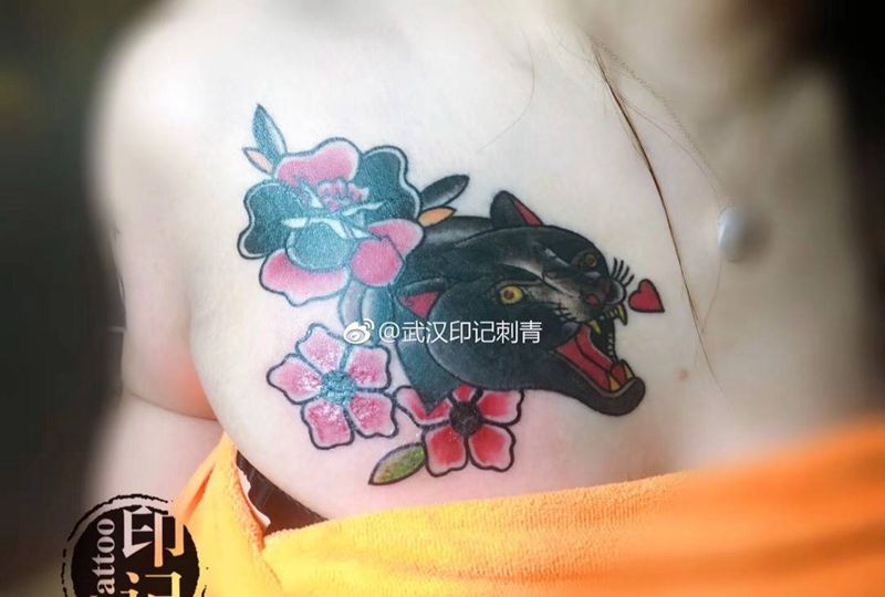 oldschool纹身图片_成品胸部欧美动物纹身图案