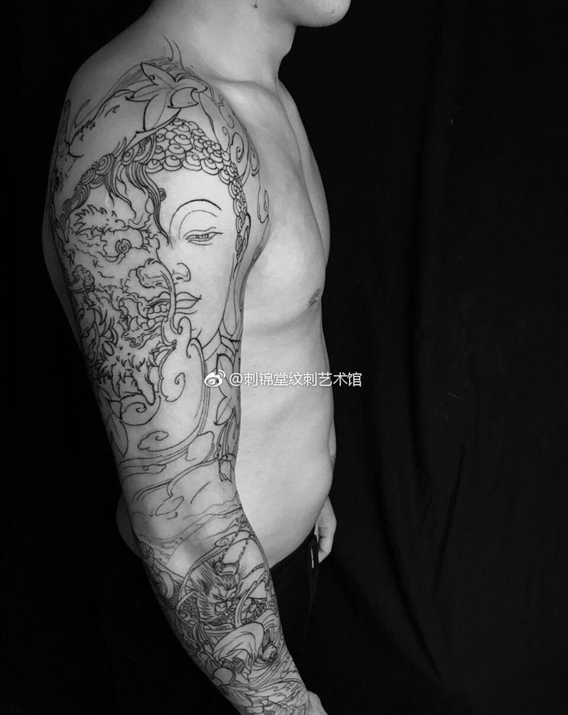 今日作品：一念之间 花臂线条完成 期待下次上色纹身图片