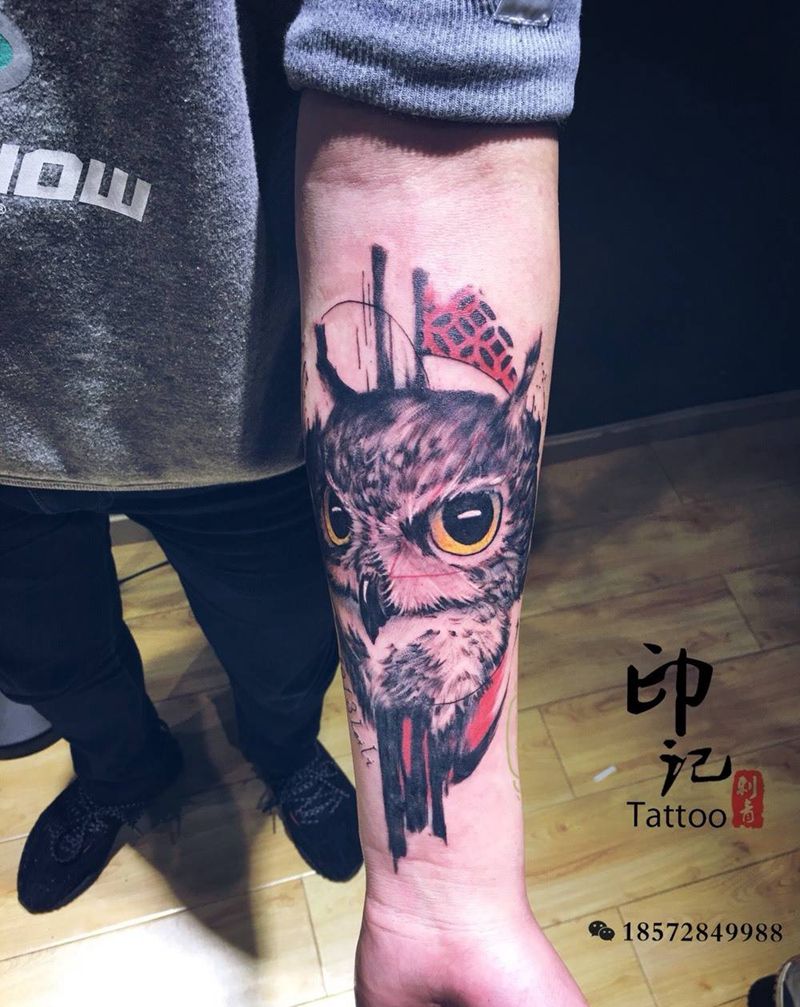 欧美写实风格猫头鹰纹身图片_成品手臂写实欧美原创纹身图案