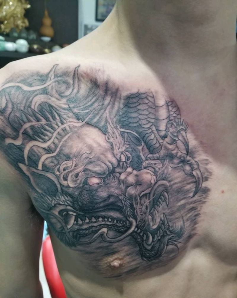 龙头未完成纹身图片_胸部新传统纹身图案