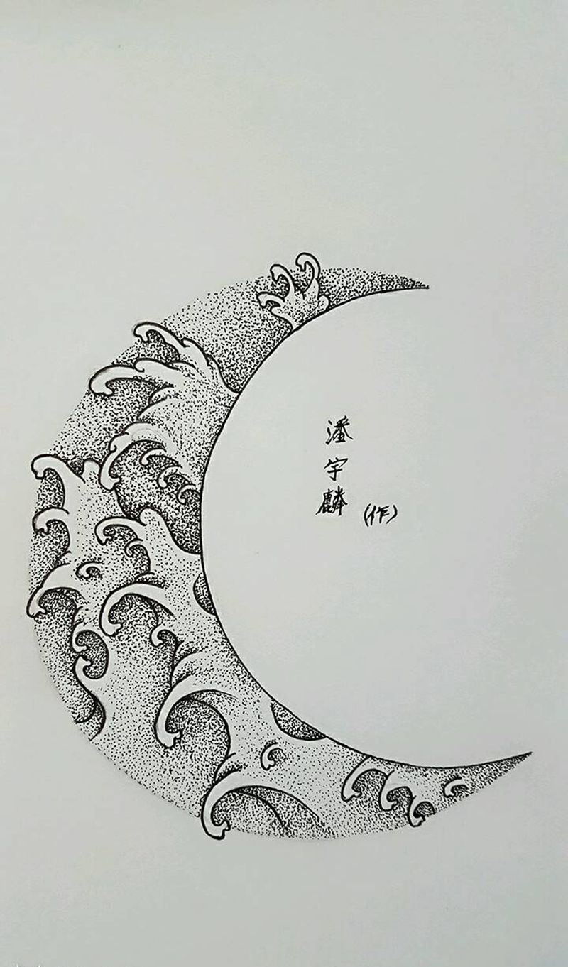 点刺  月亮  水浪纹身图片