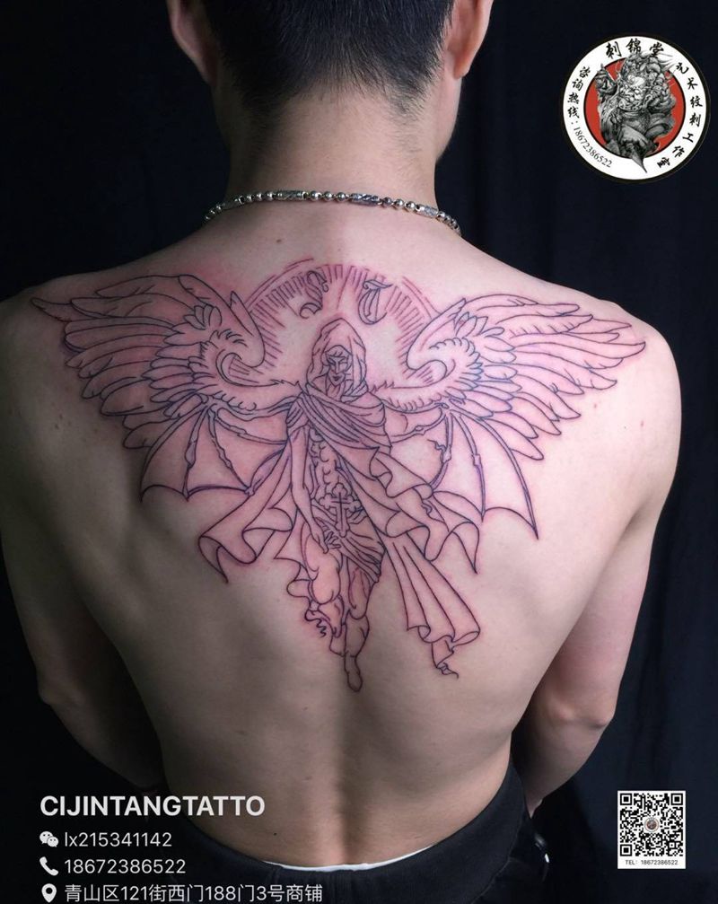 今日刺青欣赏：撒旦线条进度中…邪性纹身图片