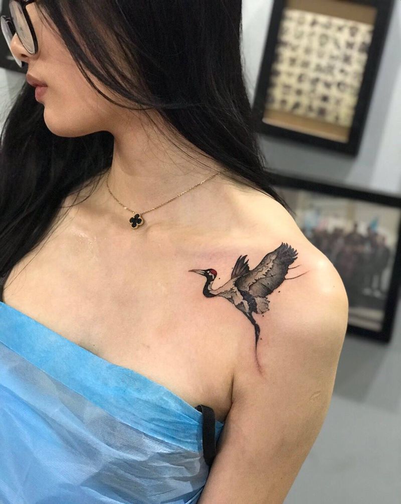 今日作品更新#来自澳洲的小姐姐#水墨鹤纹身图片