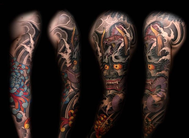 般若菊花花臂纹身图片