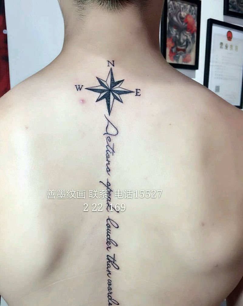 脊梁骨指南针＋英文纹身图片