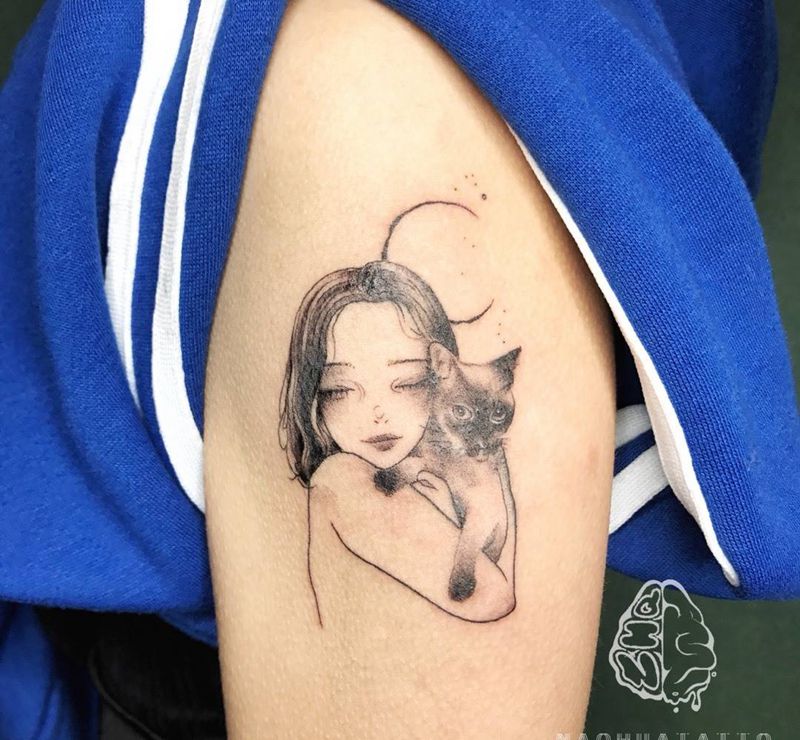 女孩与猫纹身图片