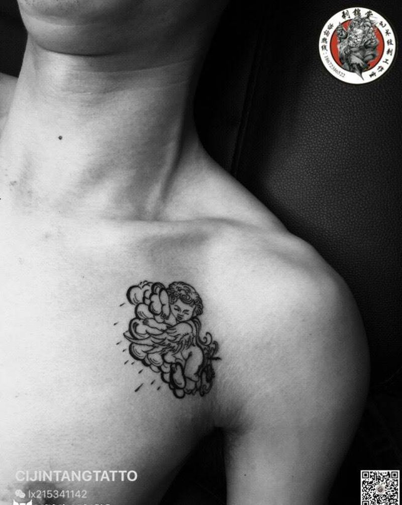 今日刺青欣赏：帅哥只要线条 小天使/流汗纹身图片