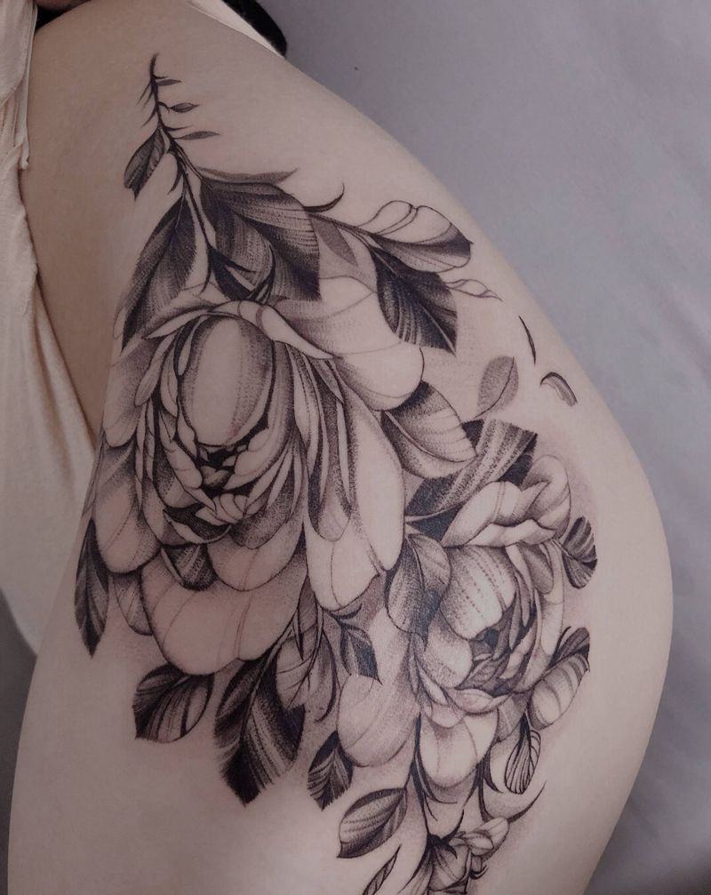 素花纹身图片_腿部臀部点刺纹身图案