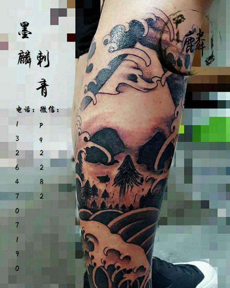 浪花包小腿纹身图片