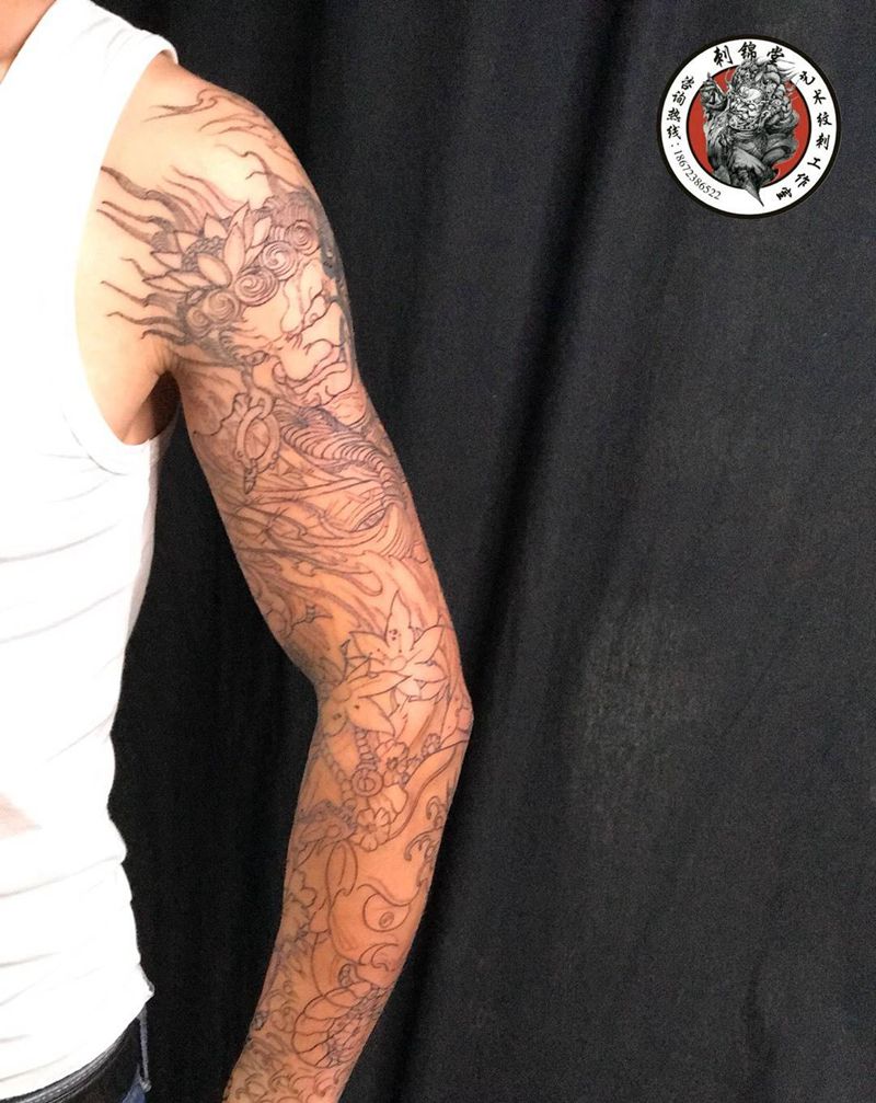 武汉纹身#刺锦堂纹身#今日作品更新# 明王之首花臂线条完成（遮盖 修改）纹身图片