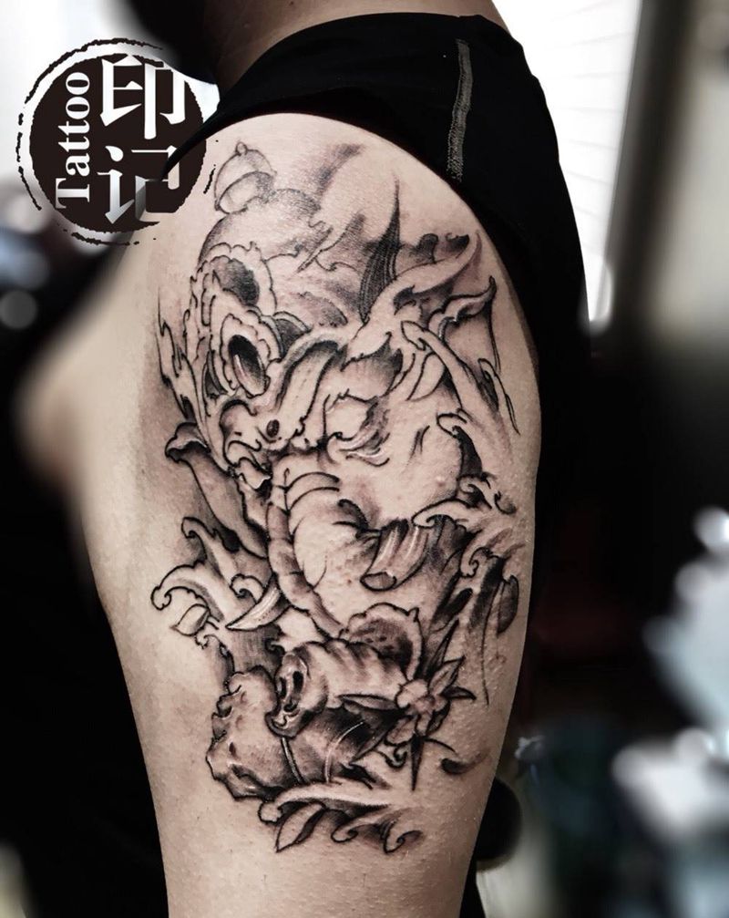 大臂象神纹身图片_成品手臂传统鬼神宗教纹身图案