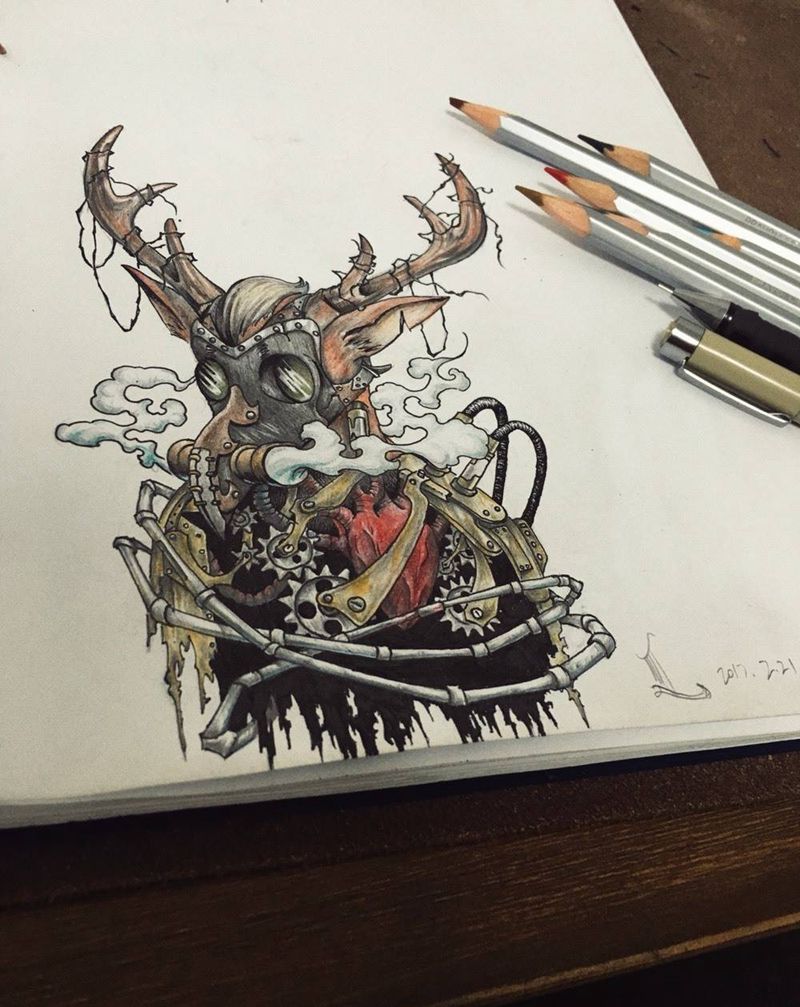 原创蒸汽朋克鹿手稿纹身图片