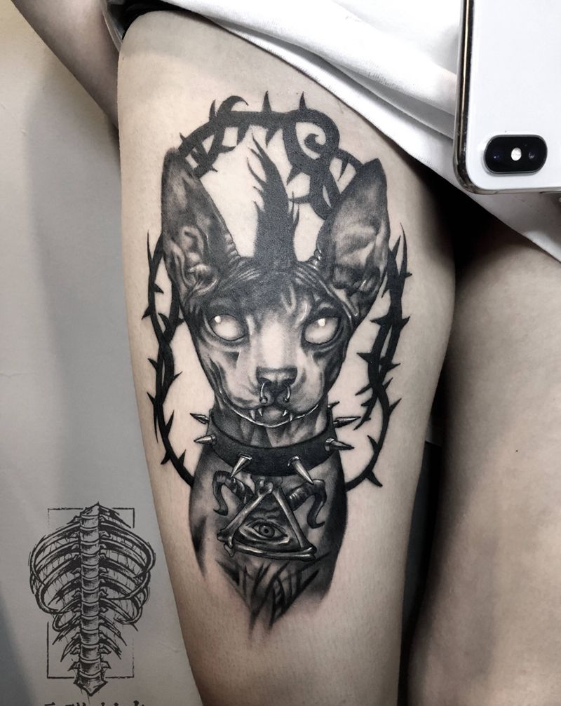 斯芬克斯纹身图片_腿部欧美写实纹身图案