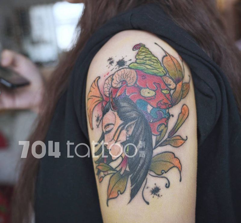 704刺青原创手稿 一念天堂一纹身图片_肩部手臂New School美女 般若纹身图案