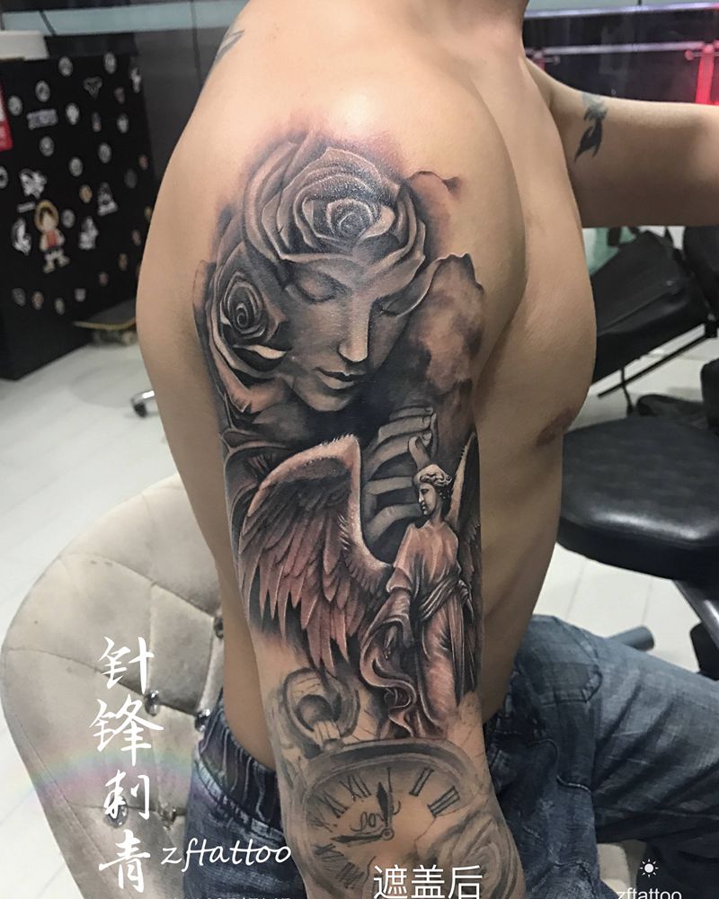 天使纹身图片_手臂欧美写实遮盖修改纹身图案