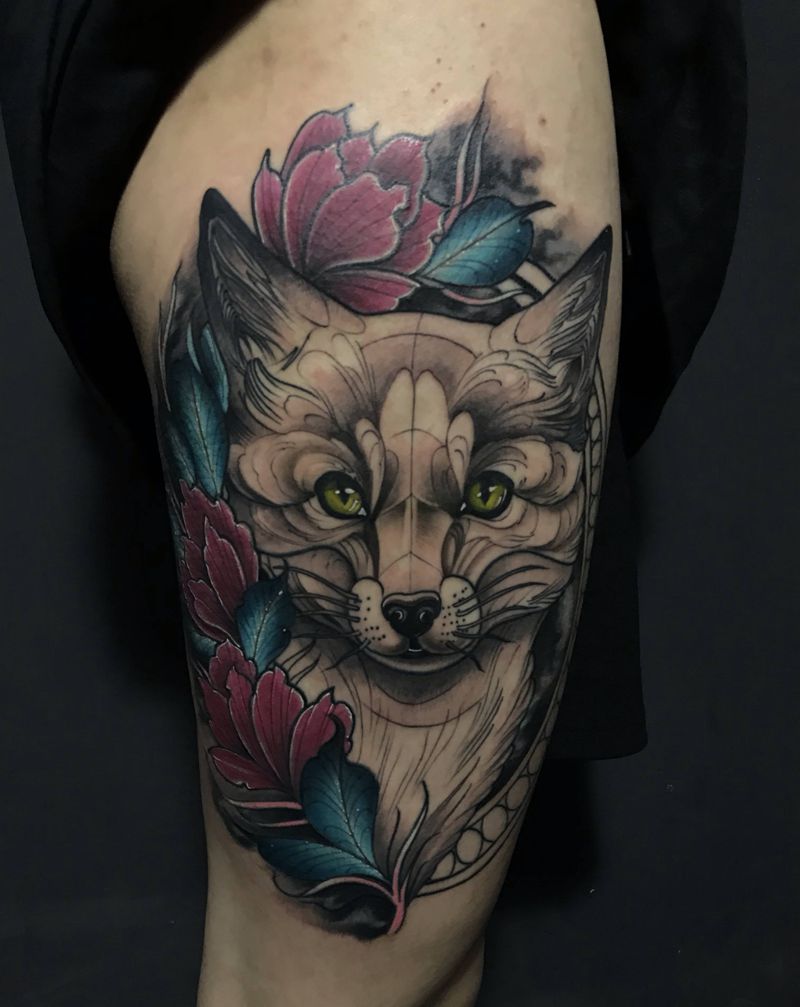 彩色狐狸纹身图片_臀部腿部欧美写实New School纹身图案