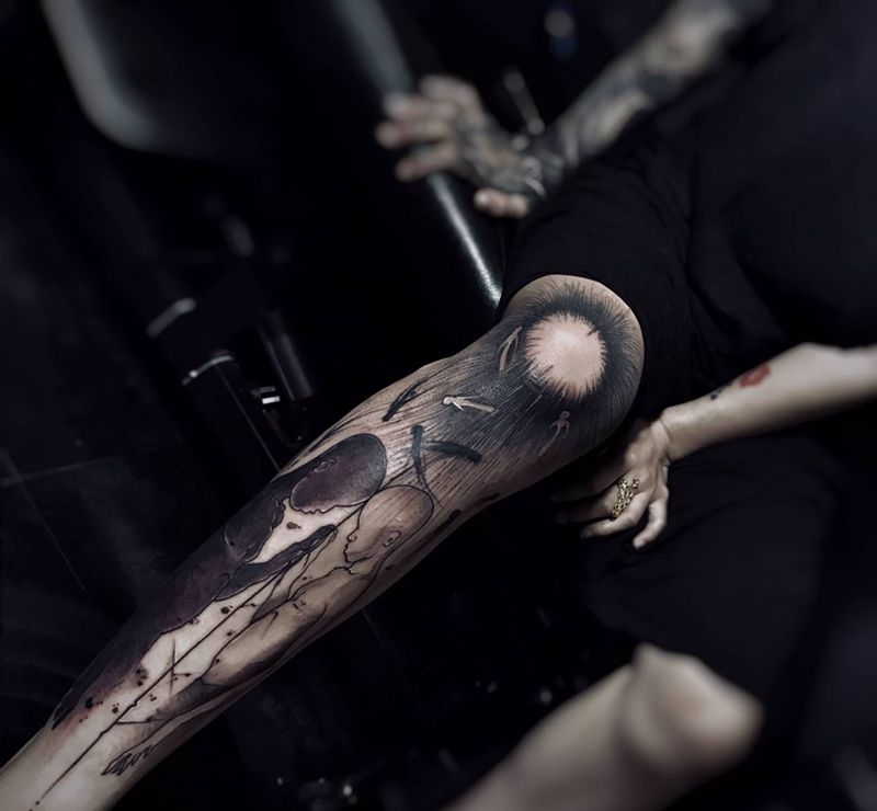 阴阳人纹身图片_腿部脚部New School几何纹身图案