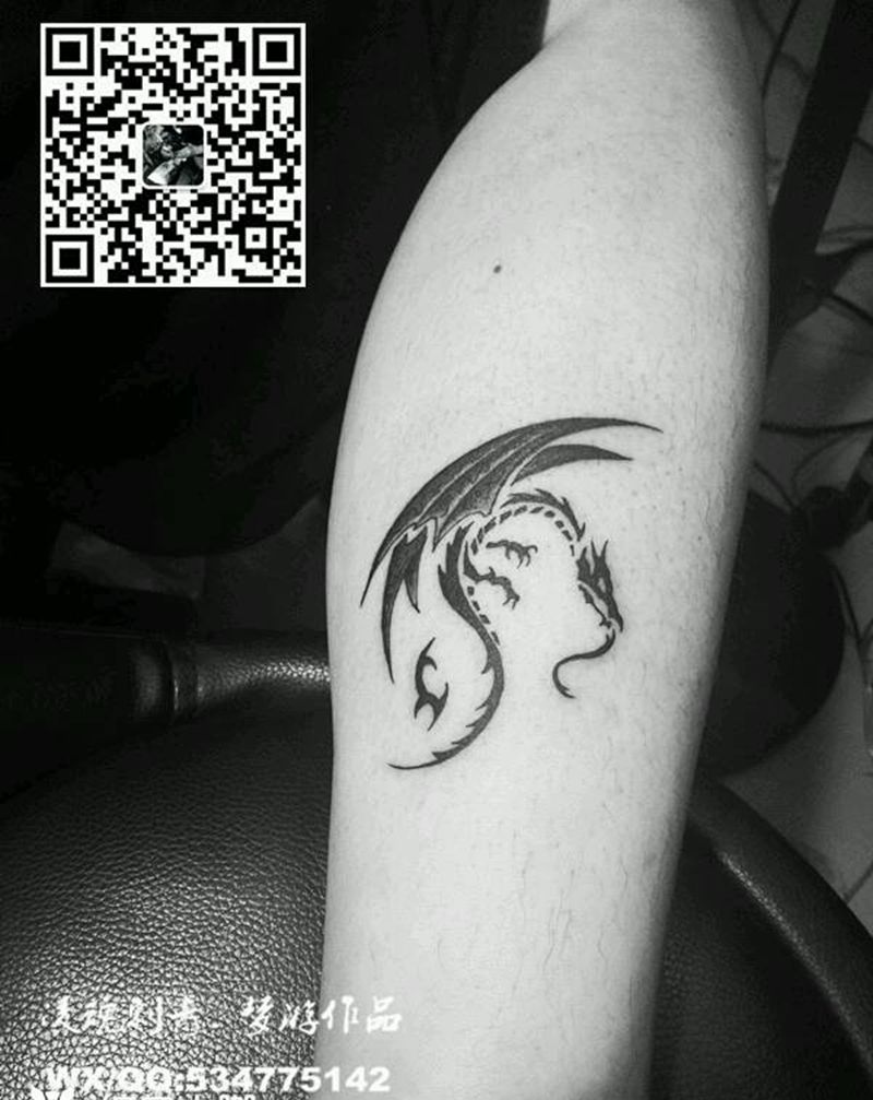 小腿西方龙纹身图片_腿部清新动物图腾成品纹身图案
